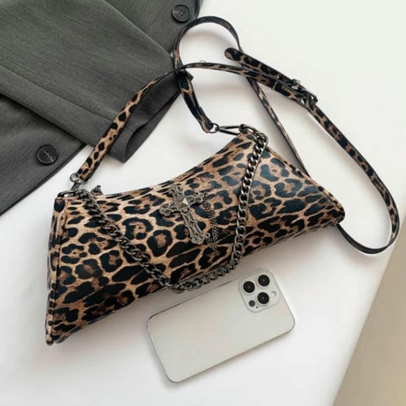 Leopard Criss-Cross Crossbody Bag PU Animal Leather Shoulder Bag Fashion Satchel - Picture 4 of 9